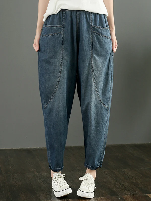 กางเกงยีนส์เอวสูงผ้ายืดสำหรับผู้หญิง แฟชั่นฤดูร้อน ทรงสลิมหลวม สไตล์ลำลอง ทรงฮาเร็ม ผ้าบาง สีเข้ม ความยาวเก้าส่วน