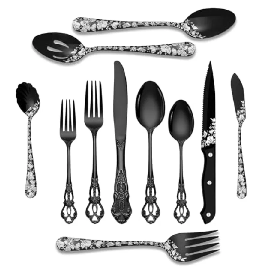 

53 Pcs Black Silverware Set with Serving Utensils Gorgeous Retro Royal Silverware Set for 8 Stainless Steel Mirror Flatware Cut