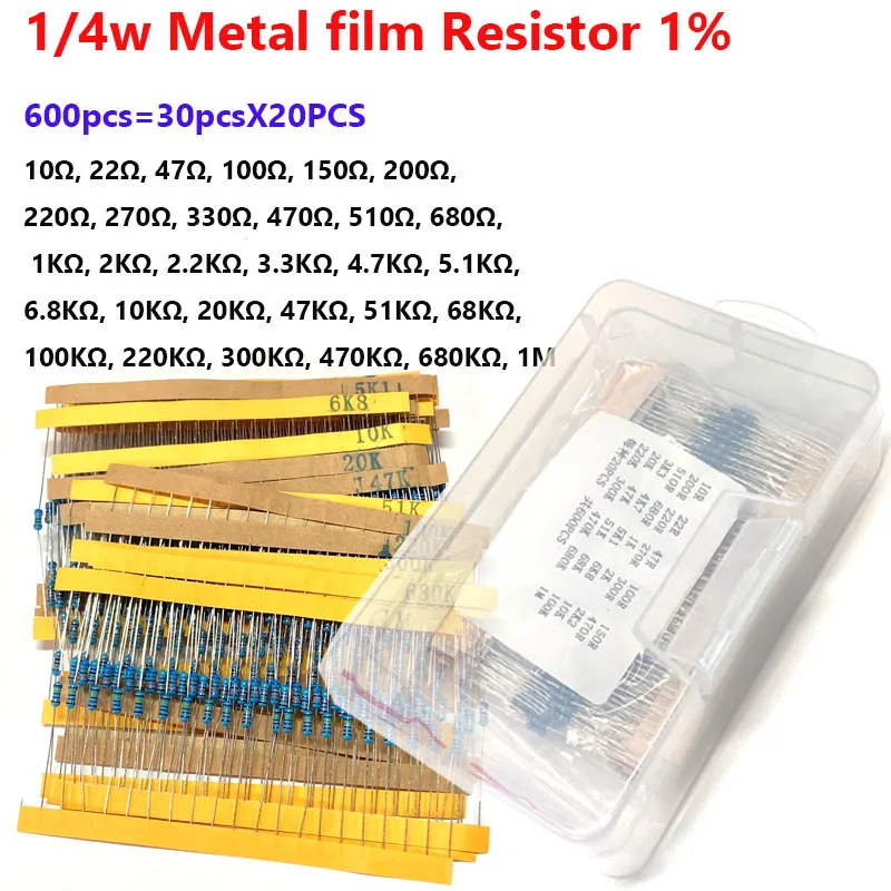 600pcs 1/4w Metal Film Resistor Packets Precision 1% 30 kinds of common direct plug five colour ring resistor packets 30valueX20