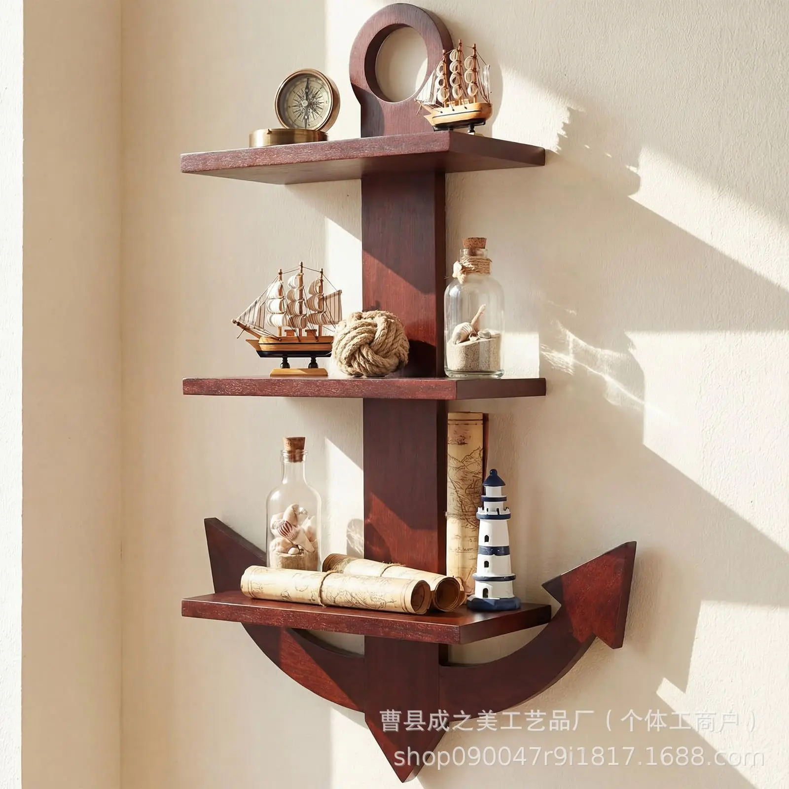 

Wooden ship wheel wall decor - nautical style wall mounted storage shelf