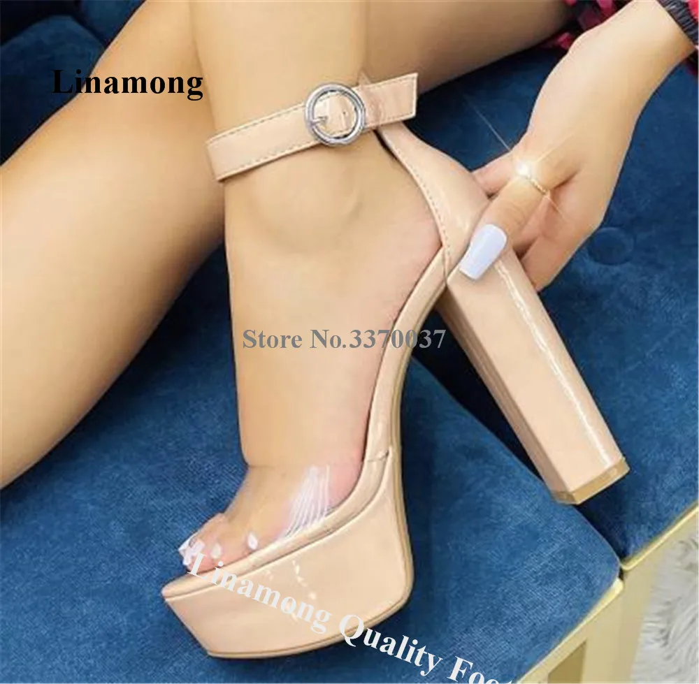 

Linamong Sexy Clear PVC Patchwork Beige Brown Chunky Heel Sandals Peep Toe Patent Leather High Platform Thick Heel Dress Shoes