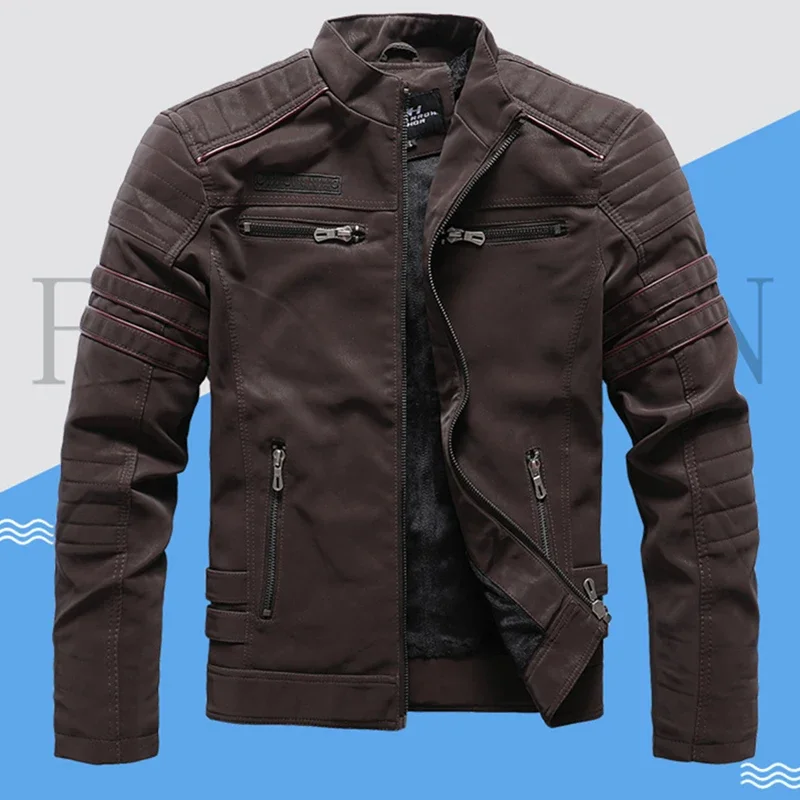 Men's Trendy Plush Leather Jacket Winter Casual Fashion Leather Coat Men's Motorcycle Wear Windproof Casual Leather Jacket