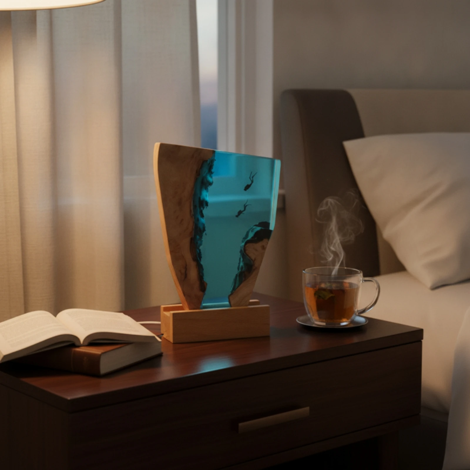 Epoxy Night Light with Wood Base Sculptural Epoxy Resin Night Light Resin Wood Lamp Aquatic Natural for Divers, Nightstand, Desk - view 6