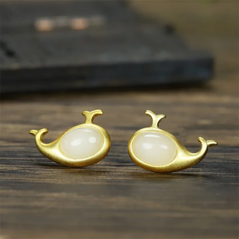 Hot Selling Natural Hand-carved White Jade Dolphin 925 Silver Gufajin Inlaid Earrings Studs Fashion Jewelry Women Luck Gifts1