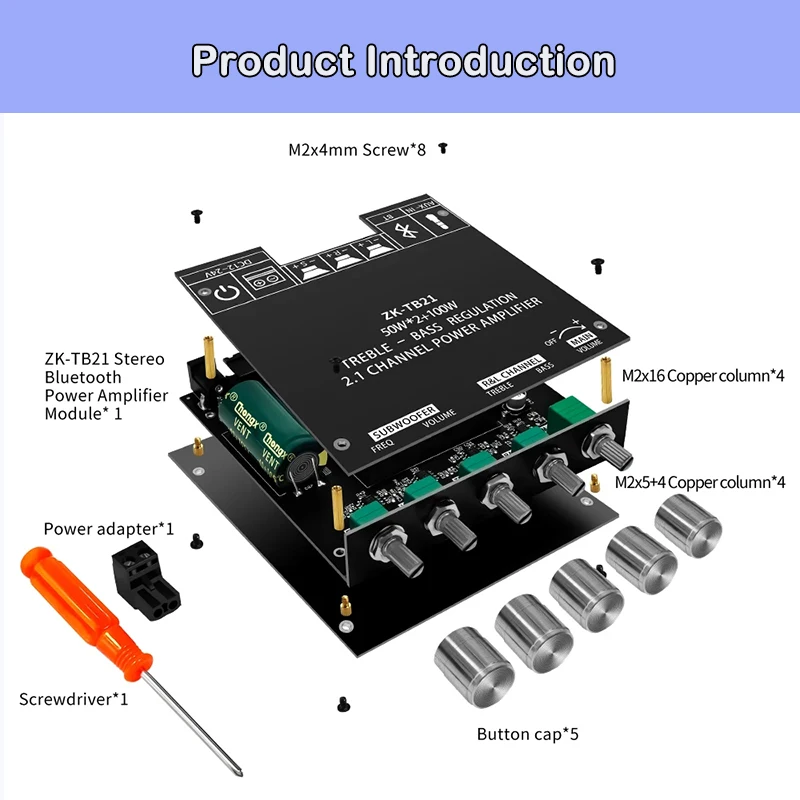 Placa amplificadora para subwoofer ZK-TB21 ZK-MT21, Bluetooth 5,0, 2x50W + 100W, módulo amplificador de Audio estéreo de potencia, altavoz de Audio