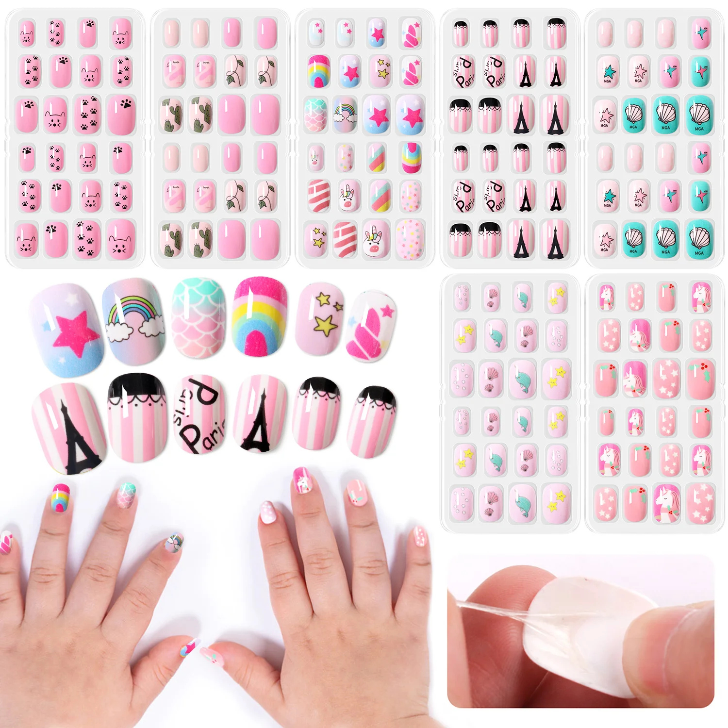 168pcs Kid False Nail Tips Cartoon Cat for Children Full Cover Kid Glue Self Fake Nail Art for Girls Manicure Tips