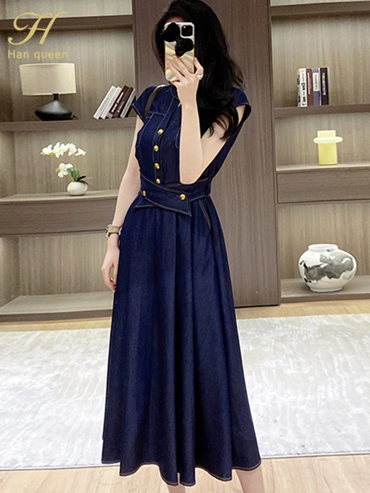 

H Han Queen Summer Chic Women Blue Denim Long Dress High Waist A-line Lace up Single breasted Thin Elegant Street Party Dresses