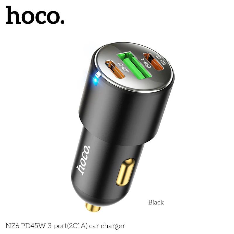 

HOCO NZ6 PD45W 3 Ports Car Charger With LED Light in Car Type-C Fast Charging for Mobile Phone Quick Chargers Cigarette Port