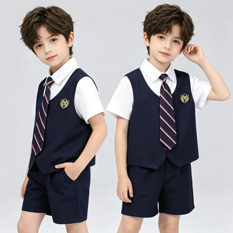 

Kids Summer School Uniform 2 Piece Outfit Short Sleeve Shirt Tie Shorts Boys Preppy Badge Set Kindergarten Graduation 2-12Years