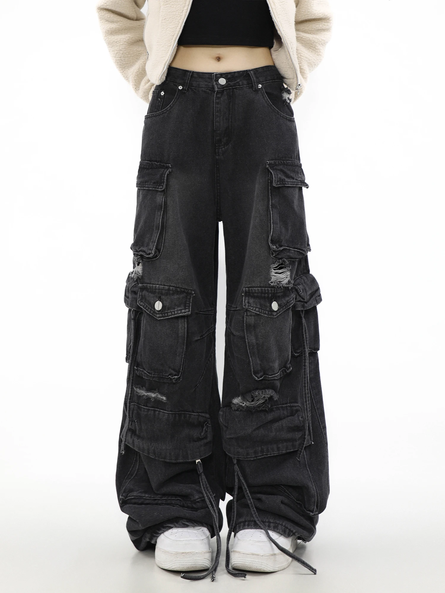 American High Street Pants Heavy Industry Ripped Multi-Pocket Jeans Men's Loose Straight Cargo Wide Leg