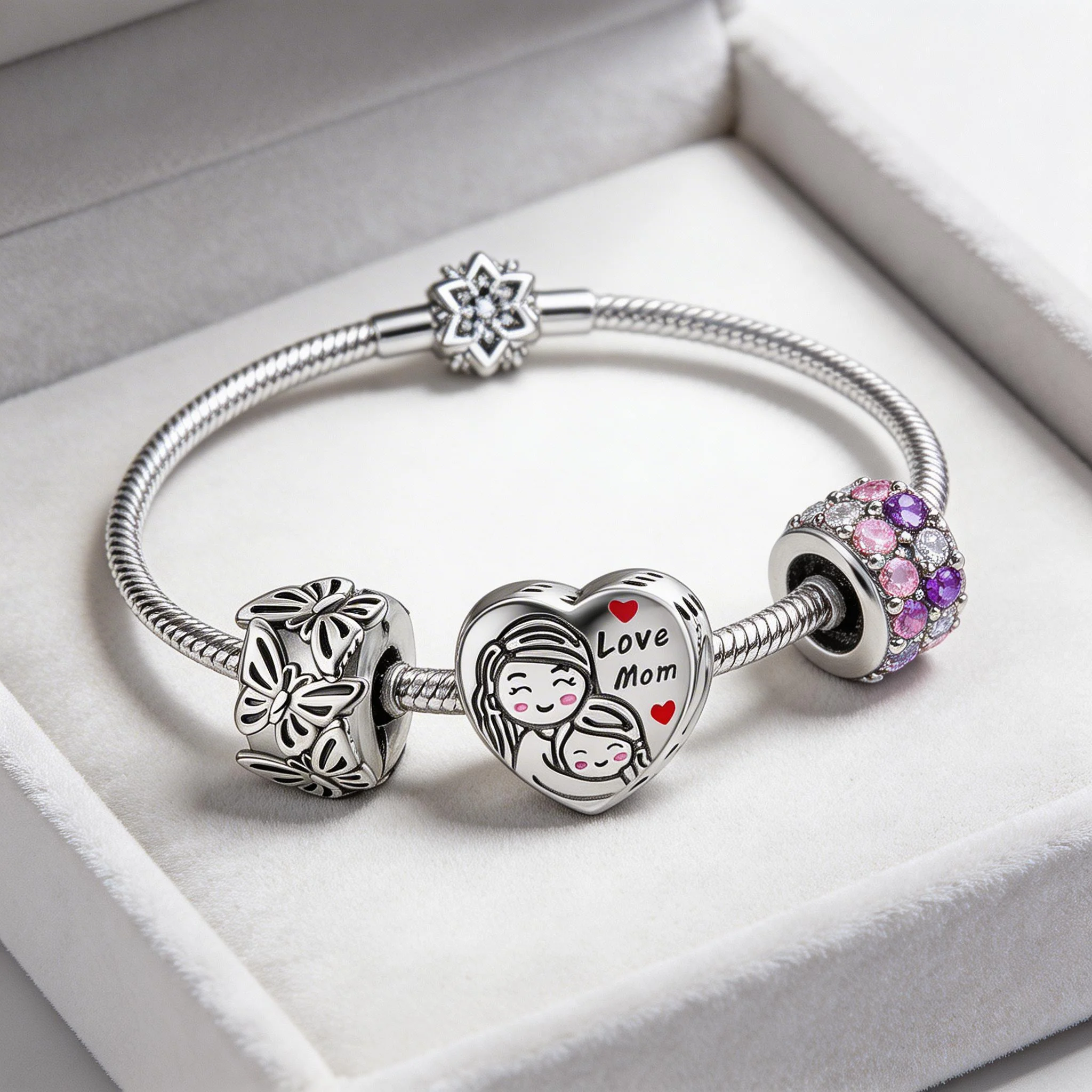 

925 Sterling Silver Loving mother Charms Pendant with Cubic Zirconia,Fit DIY bracelet necklace Gift for Her,Colgante Plata