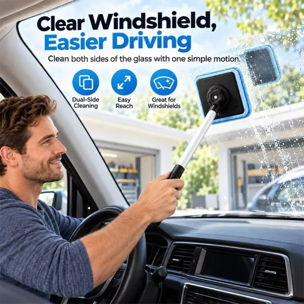 Extendable Handle Windshield Cleaning Tool Magnetic Lock Detachable Pads Car Glass Cleaning Kit Removable Wash Pad Compact