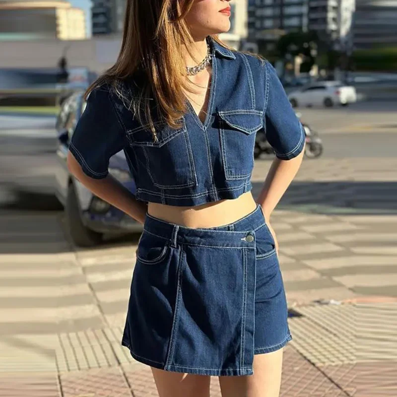 Casual manga curta bolso denim conjunto elegante com decote em v topo e botão shorts calça outfits moda altura rua cor sólida 2pc terno