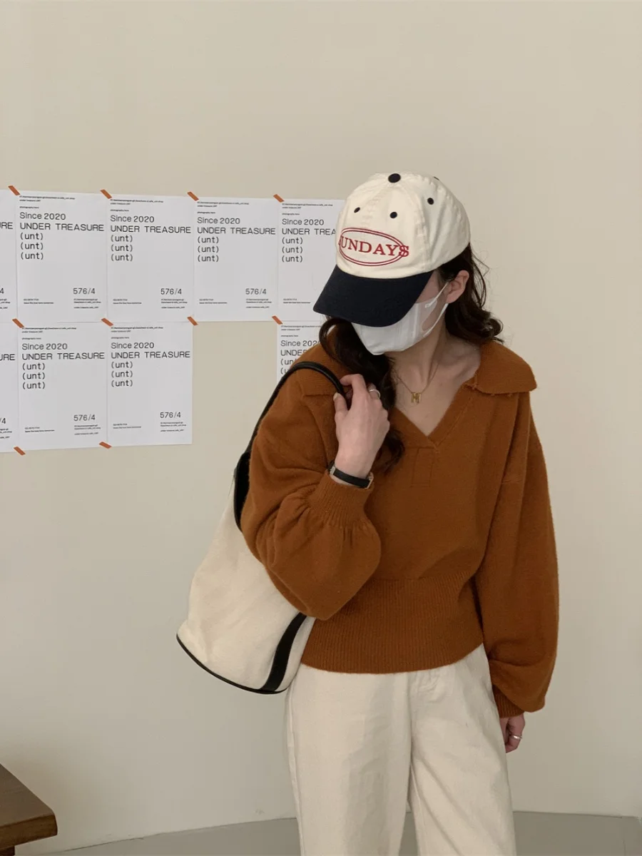 Heavyweight  Collar Knitwear Loose Women's Turn-down Collar Sweater Pure Color Outerwear Comfortable Straight-cut Sle