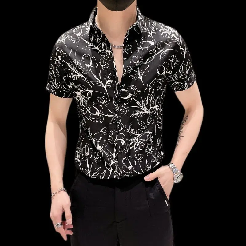 Smart Casual Simplicity Summer Men\'s Square Collar Printing Single Breasted Trend Versatile Short Sleeve Slim Shirts Tops