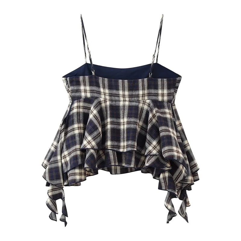 KEYANKETIAN 夏新作 レディース フリルエッジ レイヤード イレギュラーグリッド キャミソールベスト レディース ノースリーブ ショート スリムフィットトップ