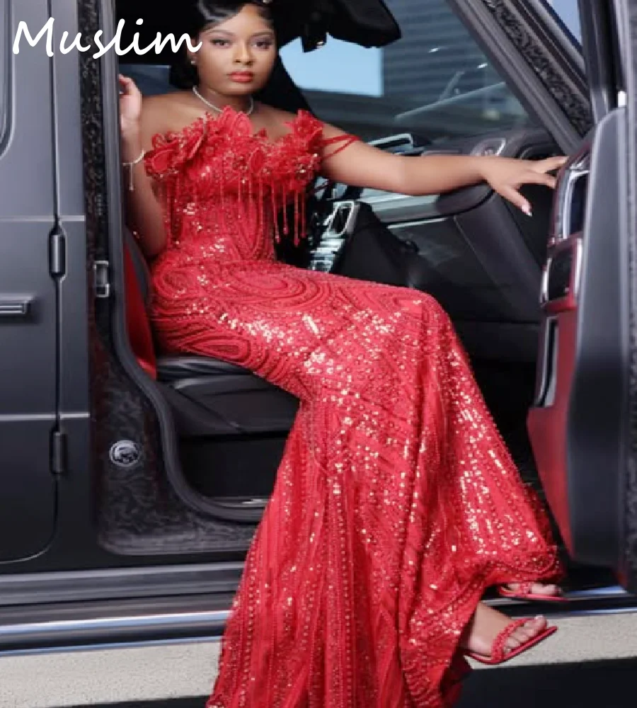Glamorous Aso Ebi Red Prom Dresses For Black Girls Off Shoulder Mermaid Sequin Evening Dress 2026 Plus Size 3D Flowers Formal