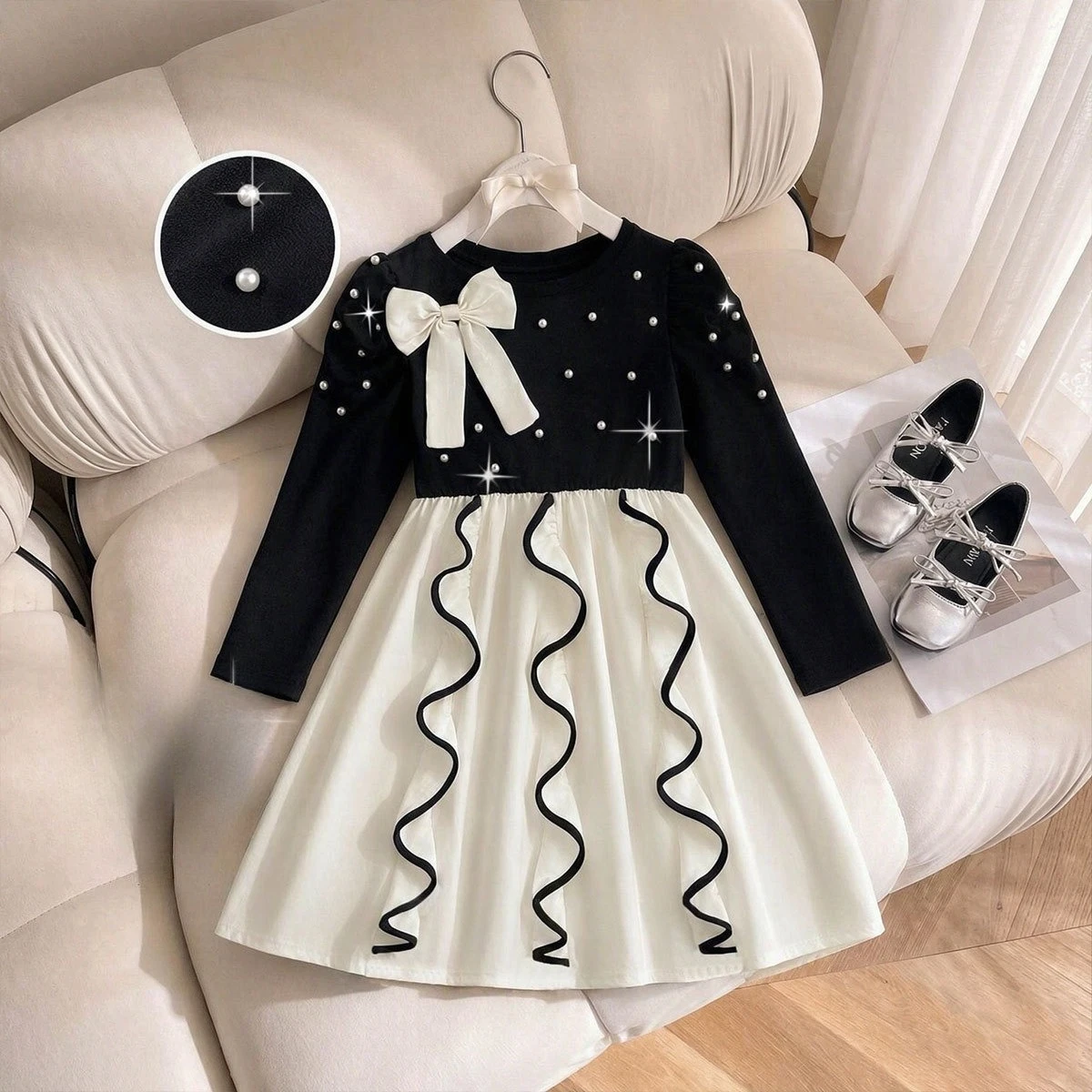 2026 Girl Feature Dress Elegant Pearl Black Bowknot Fashion Princess Dress