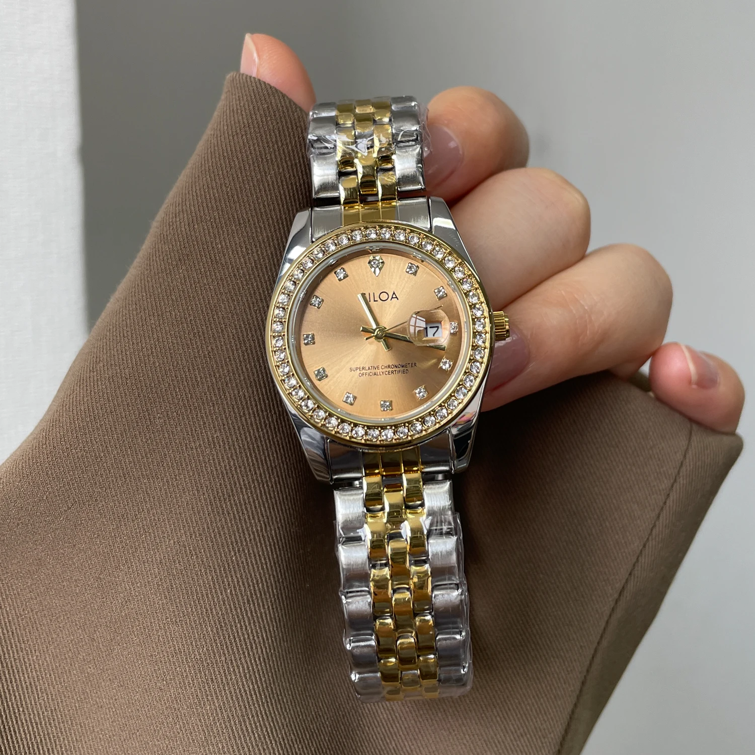 CILOA Womens Round Gold Two Tone Watch Champagne Dial Crystal Bezel Single Date Stainless Steel Bracelet Quartz Wristwatch