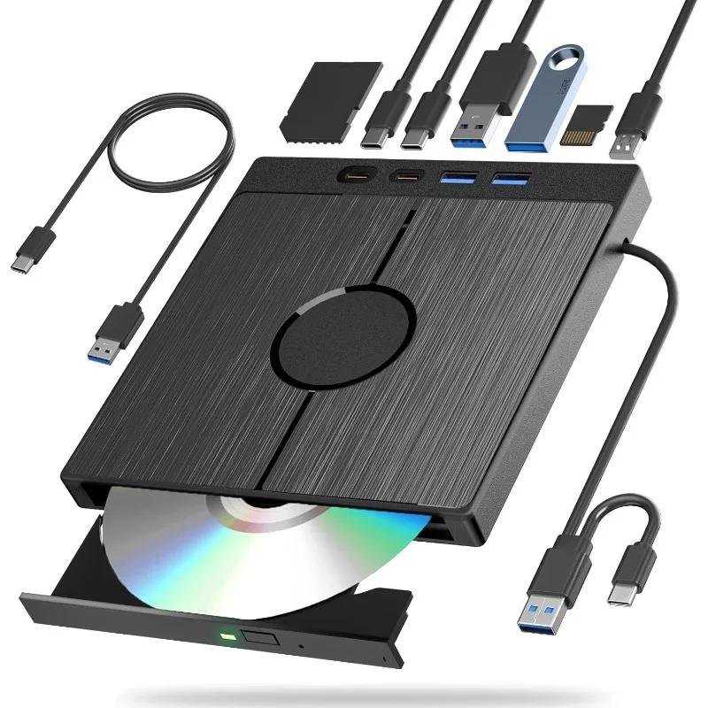 

7-in-1 External CD/DVD Drive USB 3.0 & Type-C Optical DVD Drive Bruner Compatible with Latptop PC Windows 7/8/10/11, Linux MacOS
