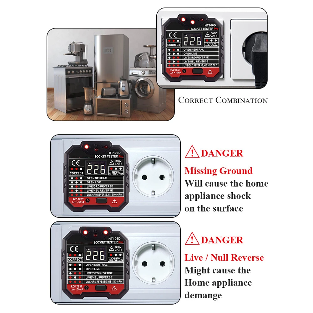 HT106 Socket Tester Professional Voltage Test Digital Socket Socket Detection  Ground Neutral Polarity Phase Check