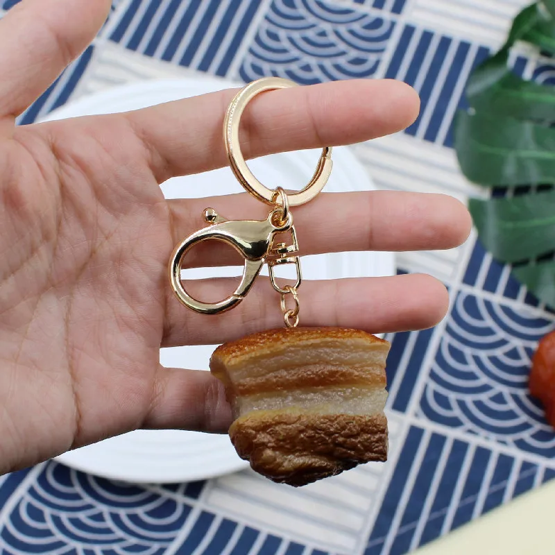 Simulated Food Pendant PVC Braised Pork Belly Model Keychains Car Key ChainPhone Pendant Keyrings Creative Decoration Gift