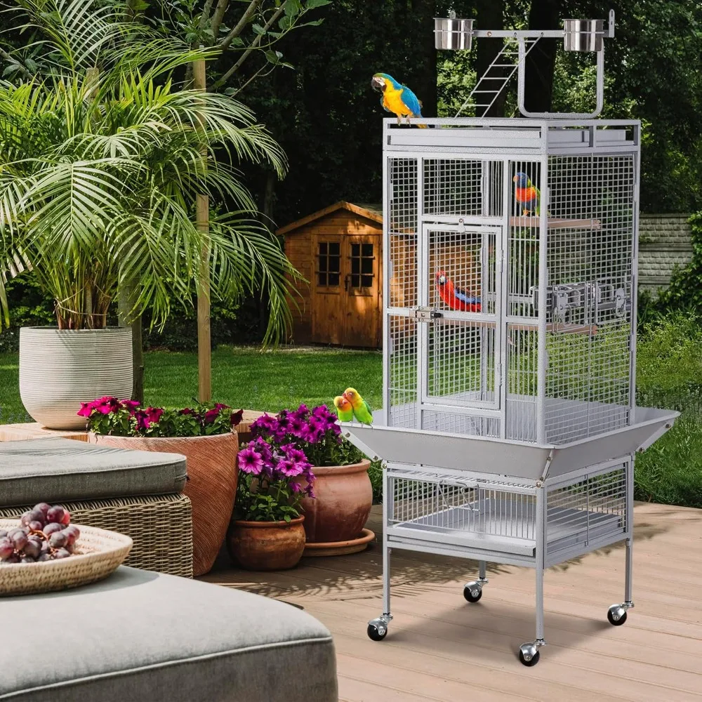 Large Parrot Cockatiel Bird Cages with Wrought Iron Play Top, Aviary with Rolling Stand for Sun Parakeet Quaker