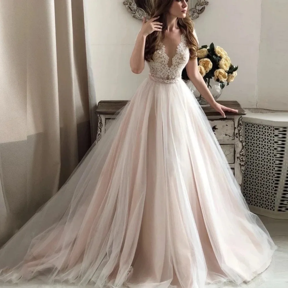 Boho abiti da sposa con scollo a v manica a berretto Appliques di pizzo trasparente Backless a-line Tulle lunghezza del pavimento abito da sposa Vestido De Novia