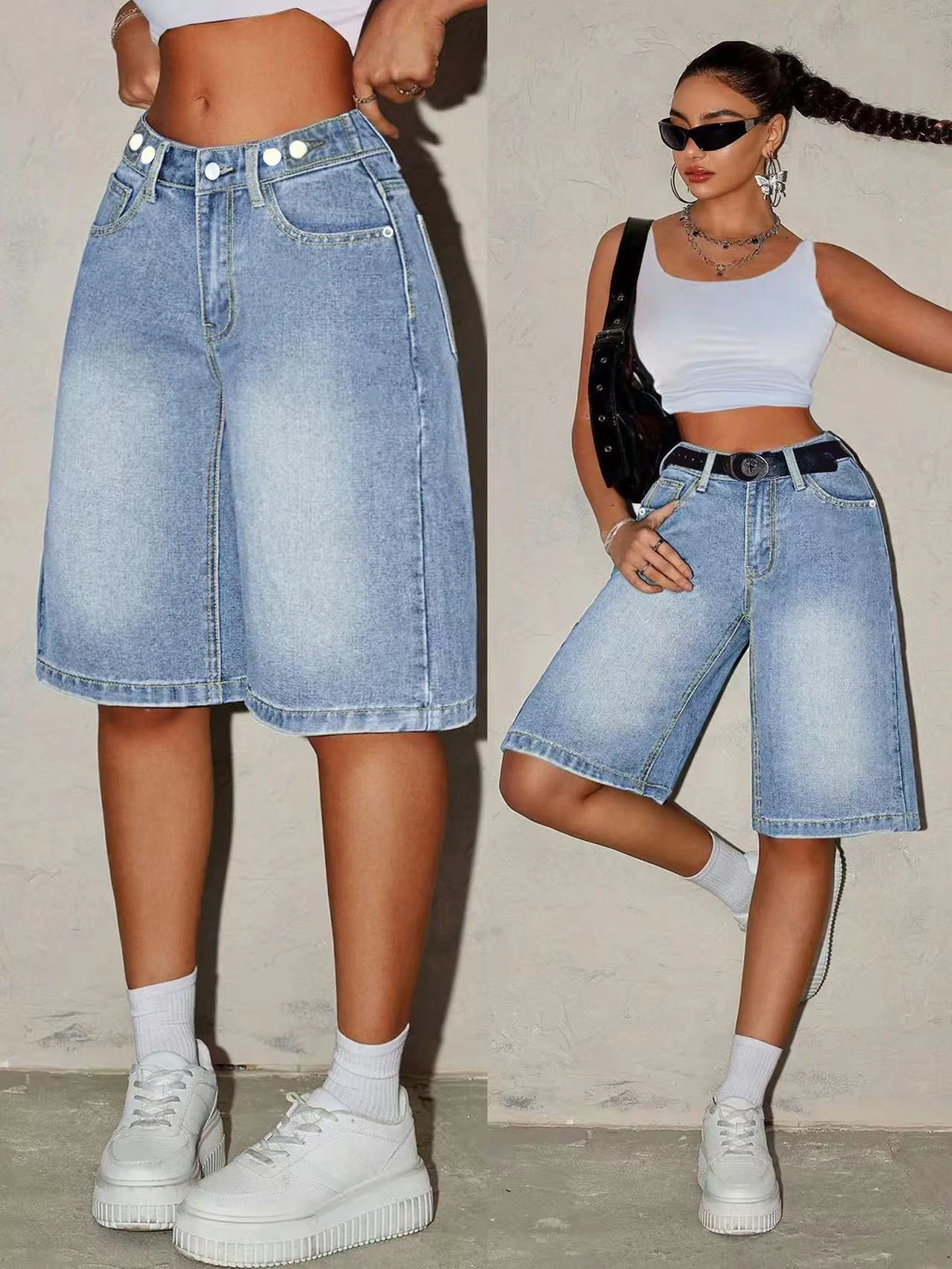 European and American Washed Light Blue Loose Casual Wide-leg Denim Shorts Women