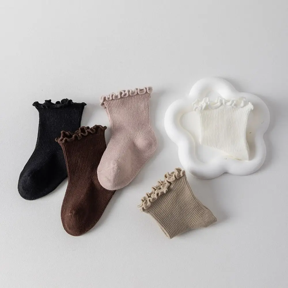 

5 пар мягких детских хлопковых носков с рюшами, осенне-весенние дышащие короткие носки-трубочки для малышей, милые носки до середины икры для новорожденных