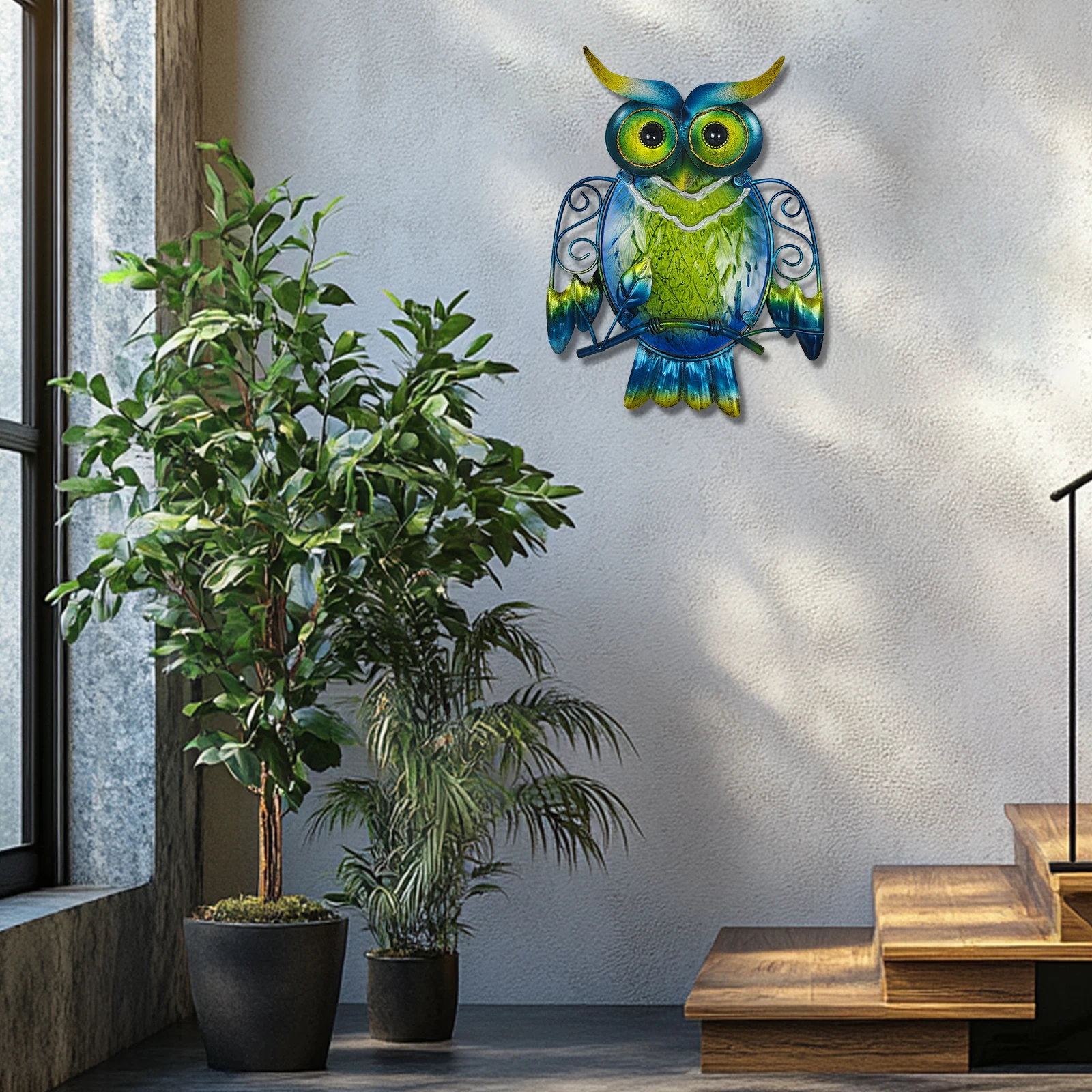 Metal Owl Wall Decor - Outdoor Wall Art - Glass Hanging Garden Owl Decor for Patio, Porch or Door, Owl Gifts