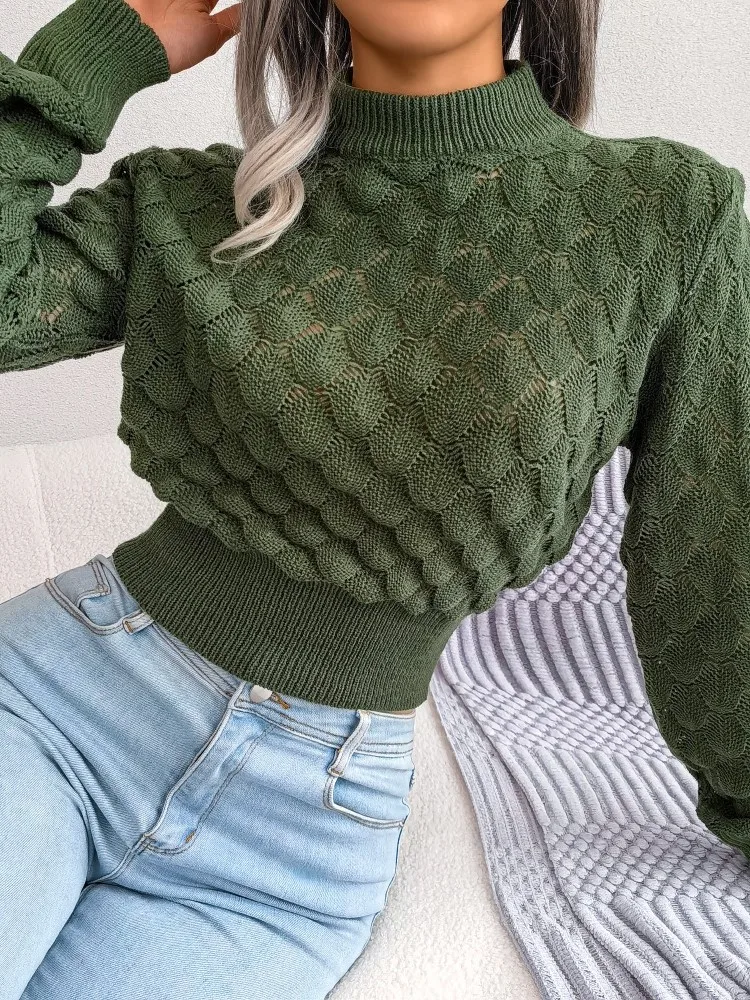 Autumn Winter New Fashionable Three-dimensional Diamond Hollow Long Sleeved Sexy Exposed Navel Knitted Sweater For Women