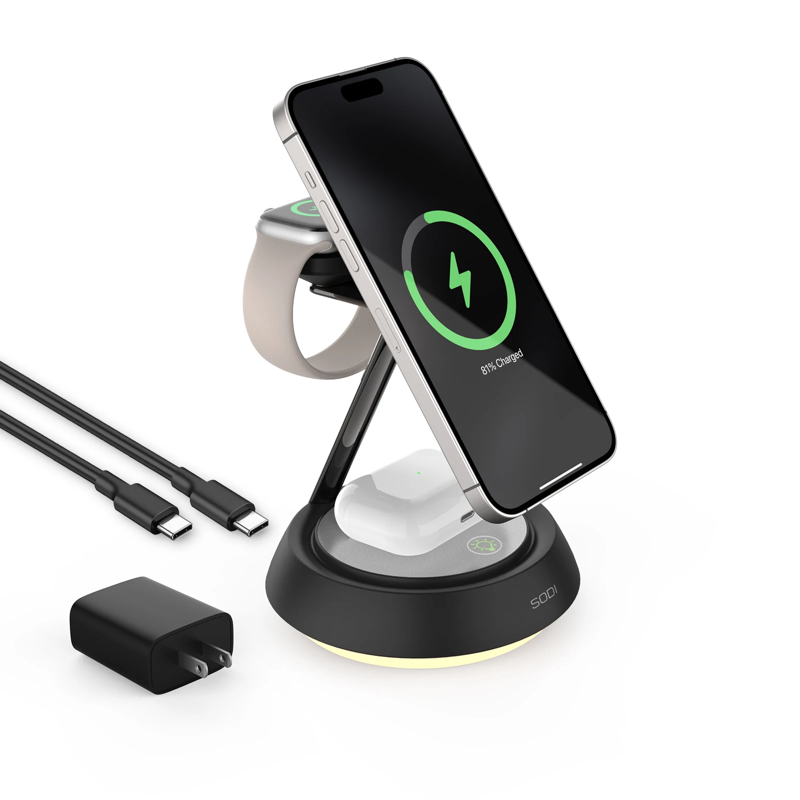 SODI 3 in 1 Wireless Charging Station for iPhone iWatch and Earphones 15W Mag-Safe Charger Stand with Ambient Light T3