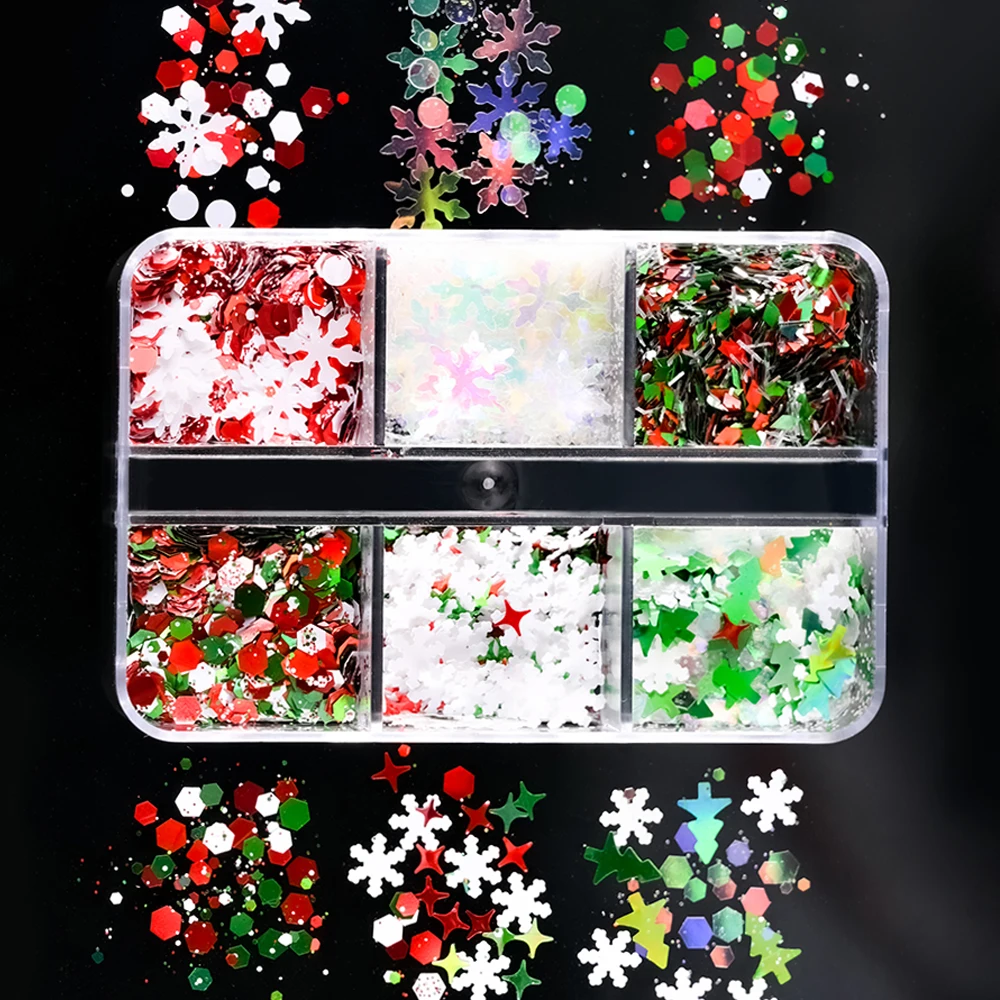 Natal Snowflake Nail Sequins, Glitter Slices, Glitter Floco, Branco, Rosa, Vermelho, Verde, Laser, Estrela, Hexágono, Untra-Thin, 6 Grade