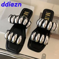 Luxury 2024 New Fashion Metal Women Flats Slippers Slides Shoes Beach Female Flats With Shoes Footwear Ladies Slippers Sandals