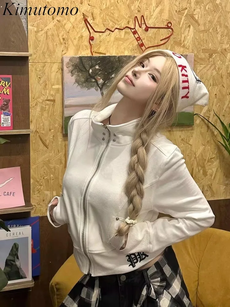 

Kimutomo Hoodies Women Rivet Printing Long Sleeve Slim Stand Collar Sexy Jackets Vintage Grunge Y2k Harajuku Sweatshirts