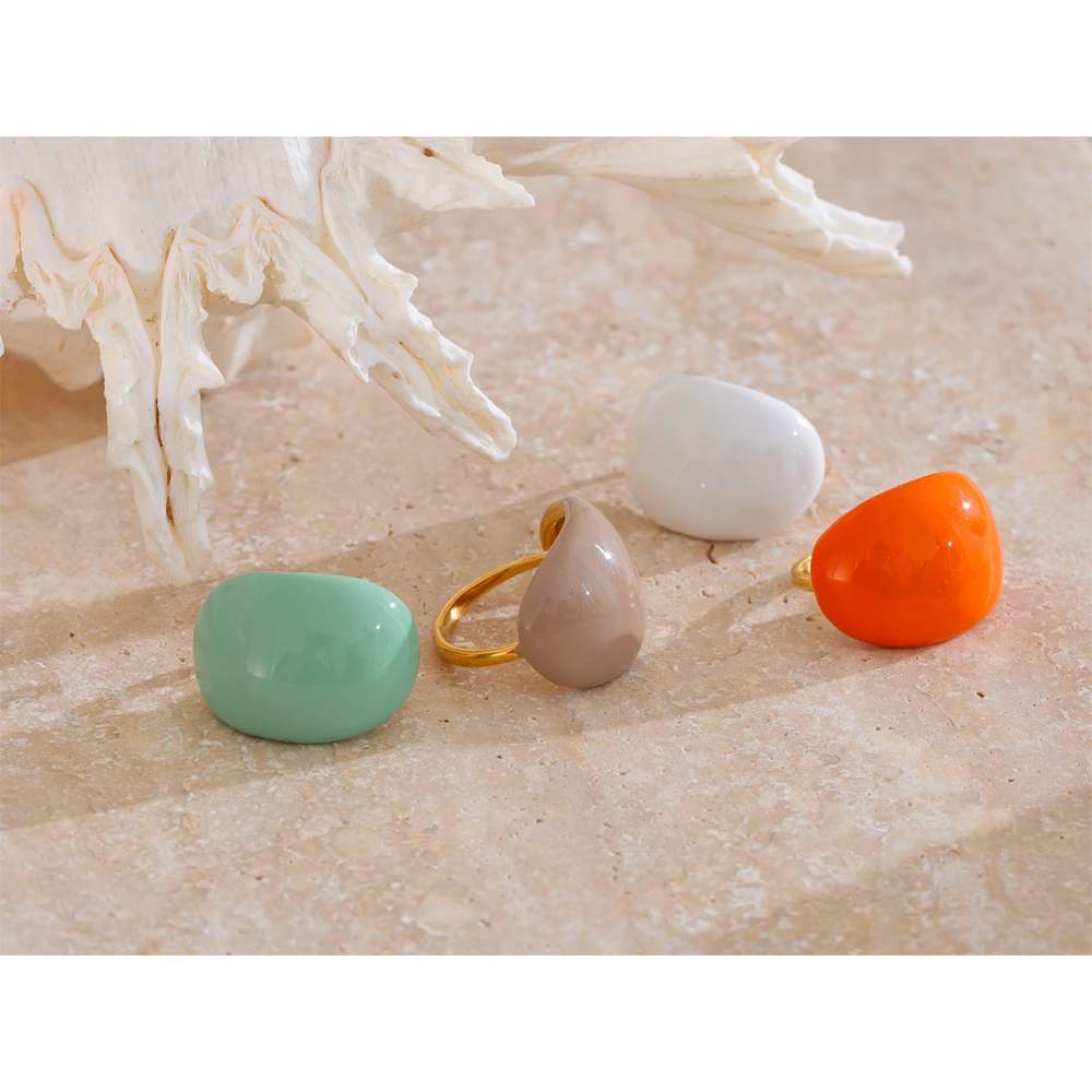 2026hot Stainless Steel Fashion Joyful Candy Multi-Color Khaki Orange Blue White Enamel Ring Waterproof Adjustable Charm Jewelry