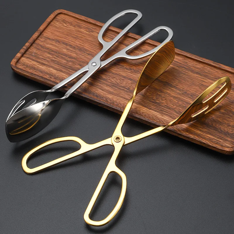 304 Stainless Steel Food Tongs Meat Salad Bread Serving Clip Golden Anti-Scald Handle Scissors Clamp Kitchen Accessories