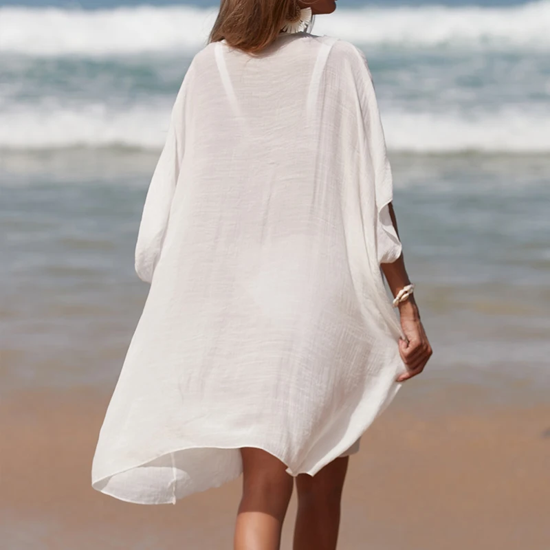 Strand Cover Up voor Vrouw Tuniek Bikini Jurk Effen Kleur Gehaakte Uitsparing Losse Zonwering Badpak Gewaad Badpak Zonnejurk