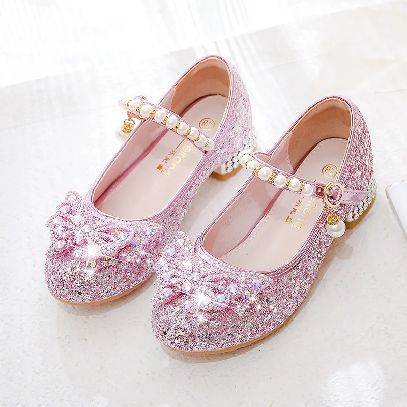 Girls High Heels 2024 New with Blue Pink Princess Crystal Dance Shoes Bowknot Rhinestone Beaded Children Wedding Leather Shoes