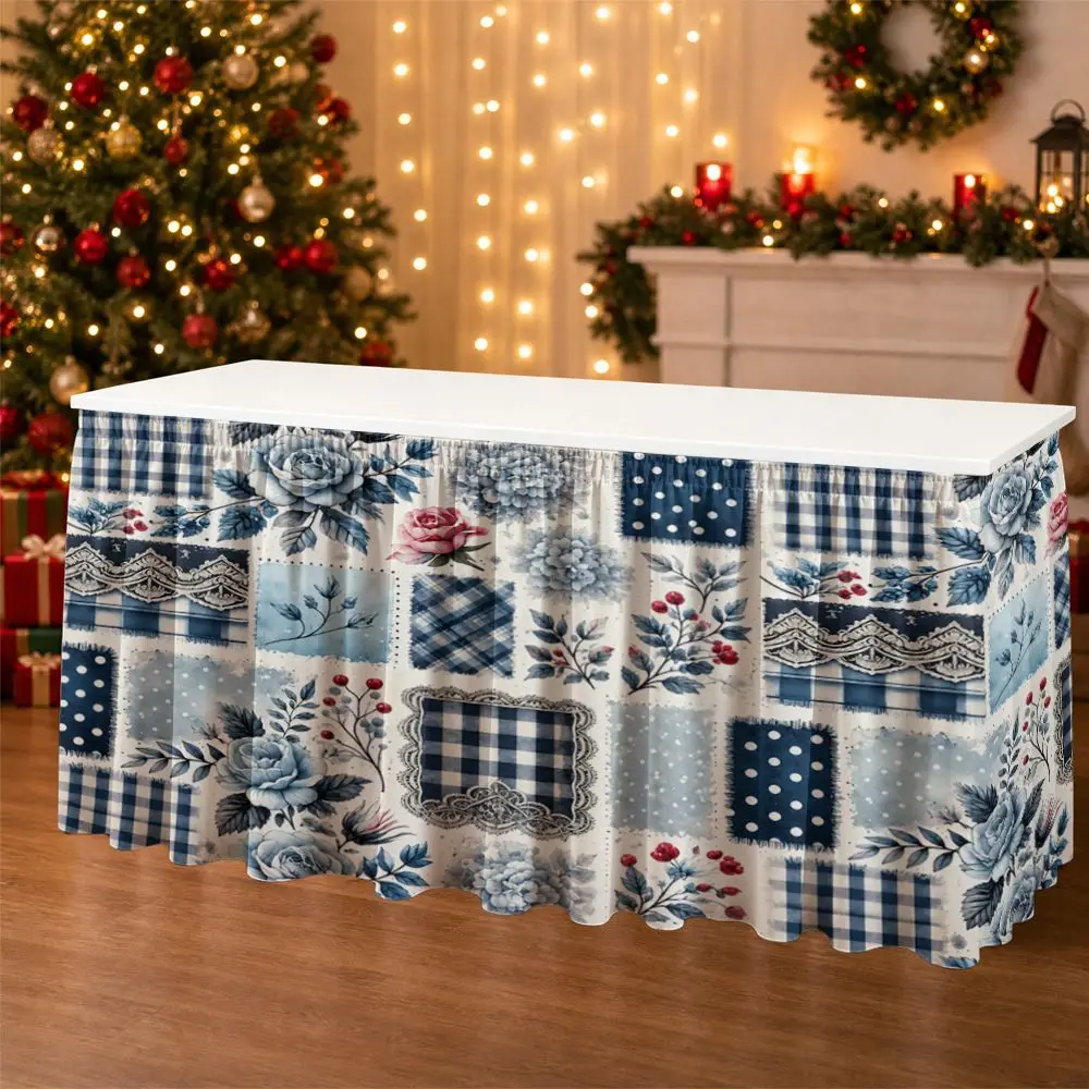 One-piece party table skirt decoration - blue floral pattern with polka dots,layered with ruffled edges on the tablecloth border