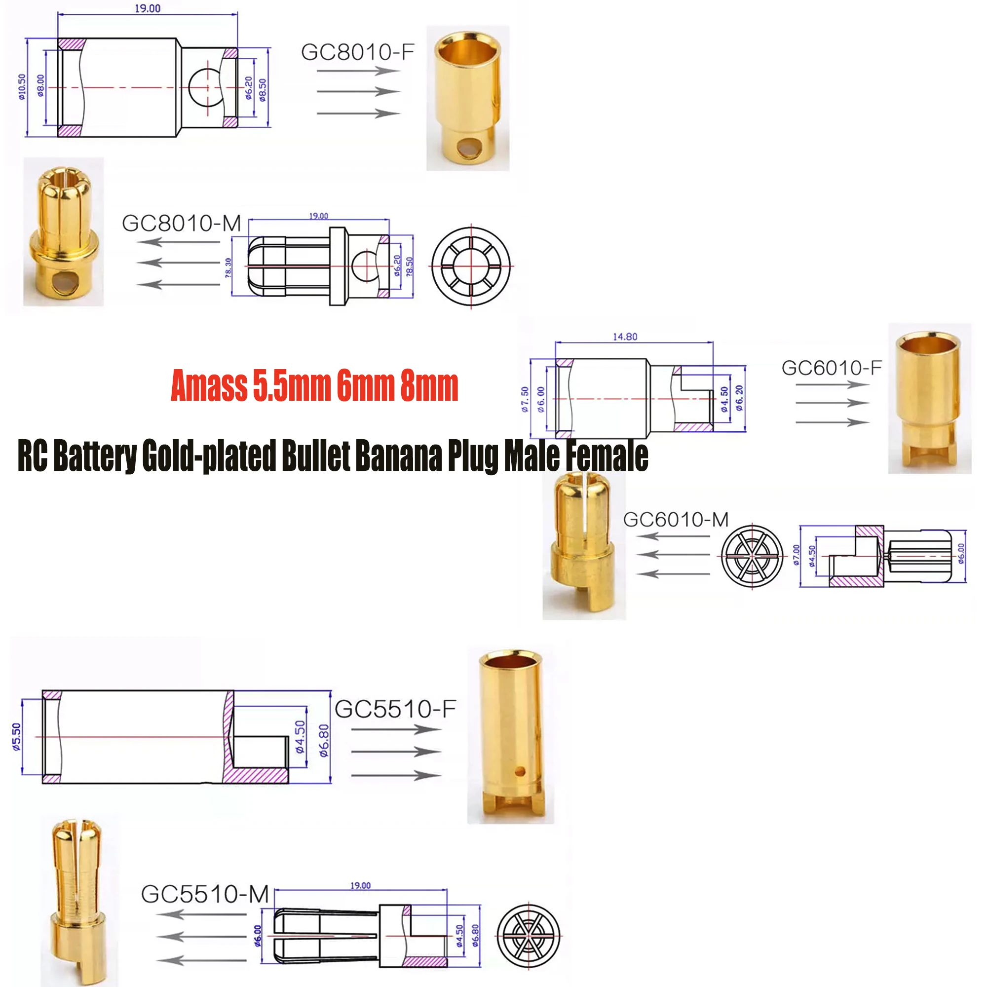 AMASS 5.5mm 6mm 8mm Banana Plug Male Female Gold Plated Copper Brushless Motor Bullet Connector For ESC Battery