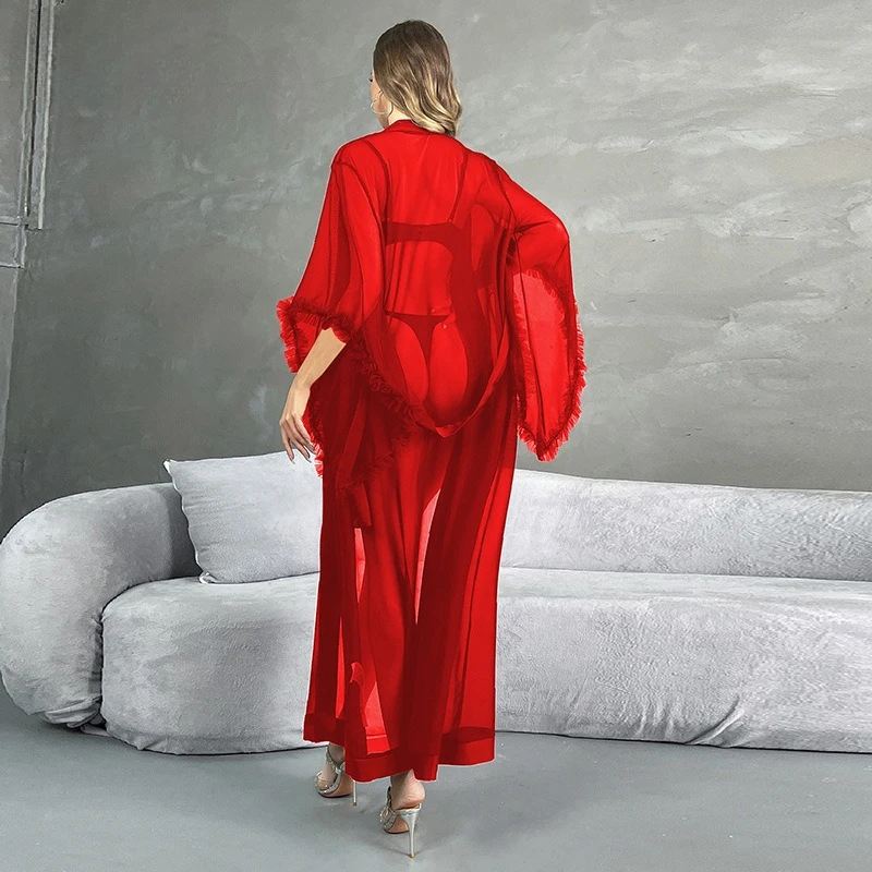 Cross-border Trade Sexy Mesh Long Bathrobe, Loose Pinched Cuffs, Sexy See-through Pajamas, Women's Home Wear Fashion Personality