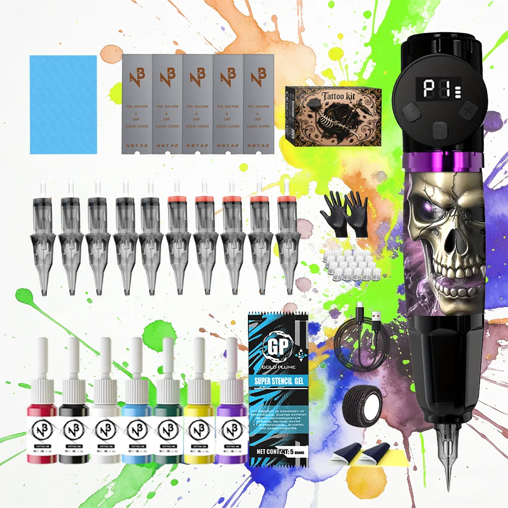

Wireless All-In-One Tattoo Pen Machine Kit 1100mAh Rechargeable Tattoo Gun with 10Pcs Cartridge Needles 7 Bottles 5ml Tattoo Ink Complete Tattoo Supplies Set for Beginner Artist