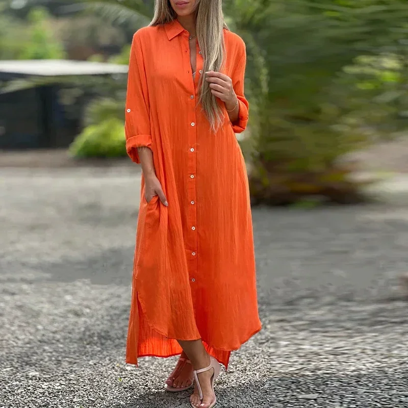 2024 Long Sleeve Maxi Dresses Women Turn Down Collar Casual Cotton Linen Button Shirt Dress Holiday Long Dresses Robe