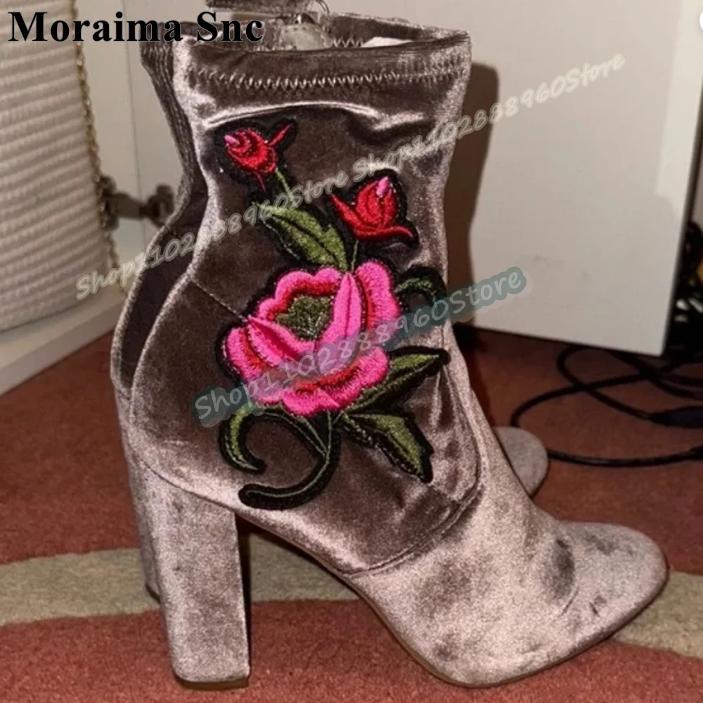 

Mixed Suede Flower Applique Ankle Boots Chunky High Heel Shoes For Women Side Zipper Round Toe Luxury Party Zapatos Para Mujer