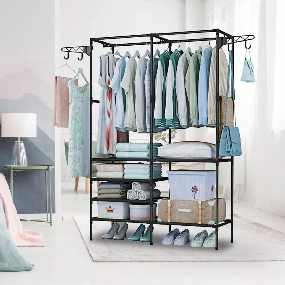 

Freestanding Garment Rack, Black Iron Metal Coat Rack, Multifunctional Shoe Clothing Organizer Shelves Wardrobe