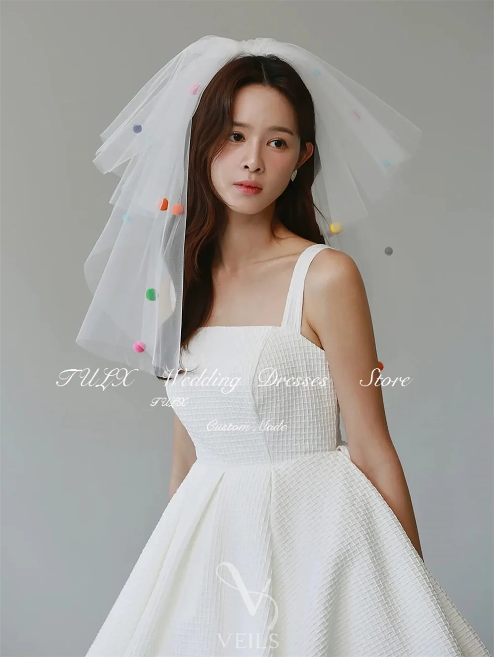 TULX – robe de mariée gaufrée ivoire, séance Photo coréenne, col carré, bretelles, ligne A, longue, Corset personnalisé, 2026