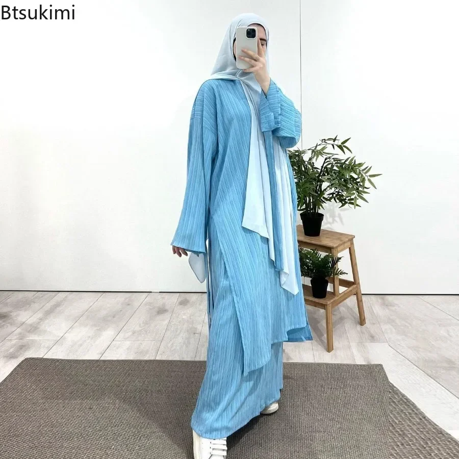 2025 Arab Muslim Women Modest Dress Sets Mid Length Long Sleeve Wrinkled Pleated Robe Tops with Skirt Suit Islam Clothing Abaya