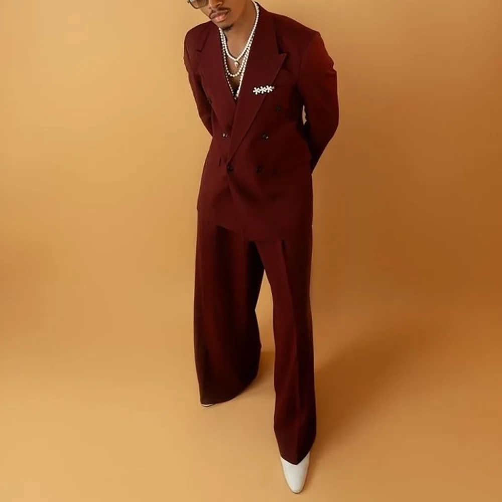 

Double Breasted Men Solid Color Suit 2 Pieces Jacket Pants Business Casual Social Party Male Clothing Best Man Costumes Hommes